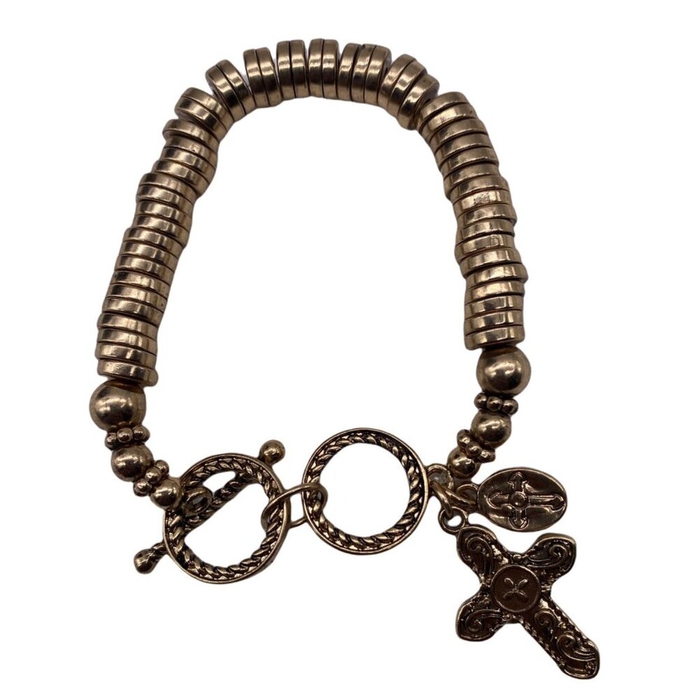 Gold Tone Cross Charm Stretch Bracelet With Toggle & Rhinestone Accents‎